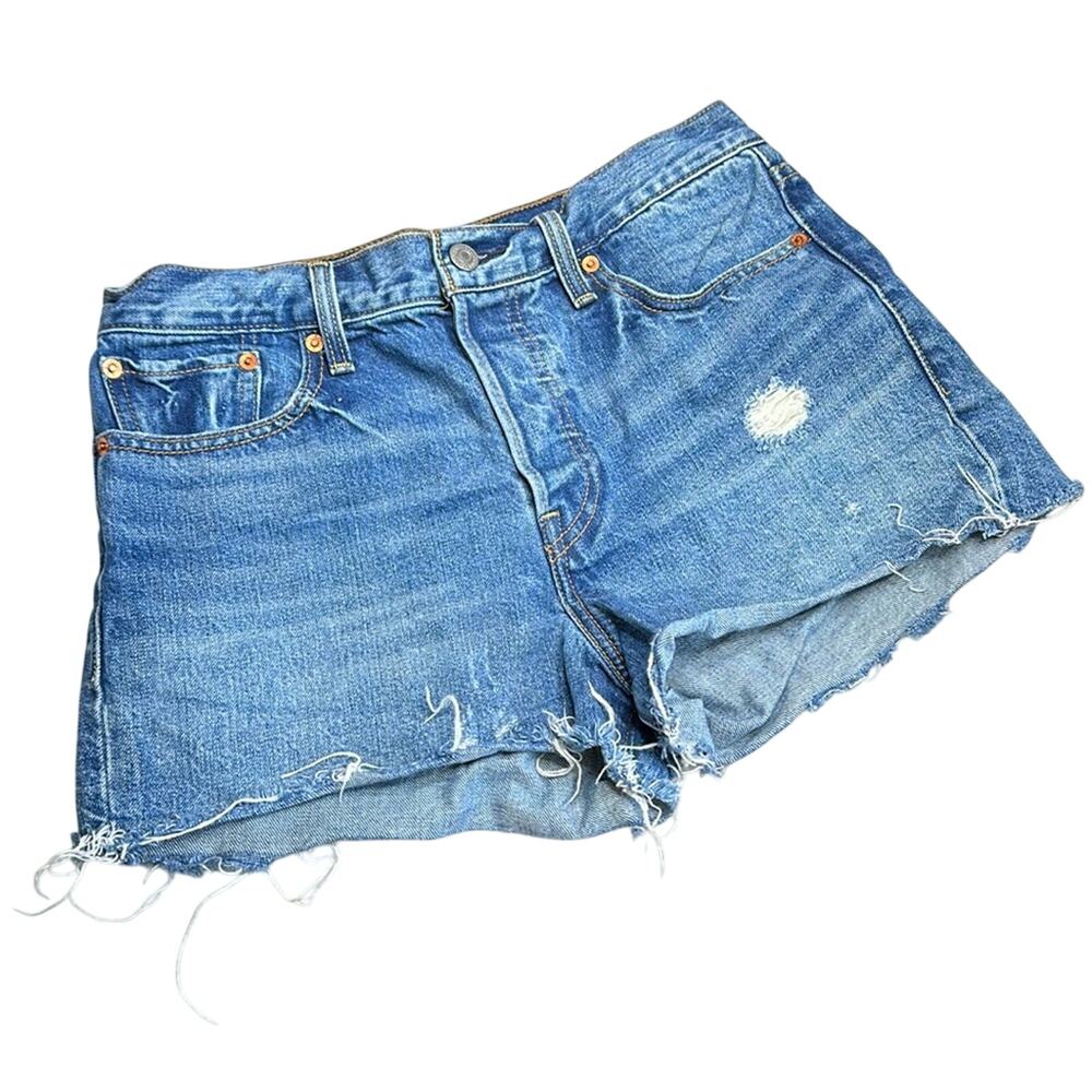 Levi’s Medium Wash HiRise High Waisted Cut Off Booty Shorts Distressed GG6
